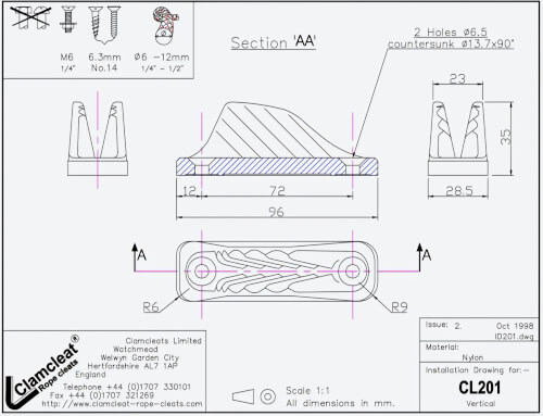 Clamcleat CL201 Verical nylon cleat 6-12 mm